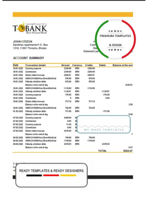 Bhutan T bank statement template in Excel and PDF format