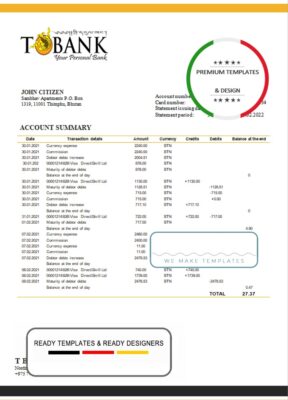 Bhutan T bank statement template in Word and PDF format