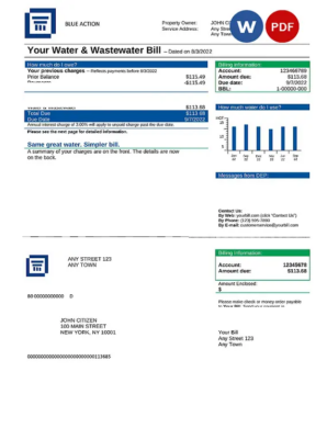 # blue action universal multipurpose utility bill, Word and PDF template