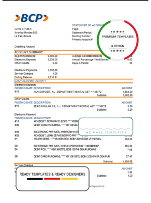 Bolivia banco de crédito de bolivia bank statement template in Excel and PDF format