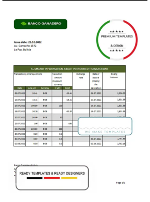 Bolivia Banco Ganadero bank statement template in Excel and PDF