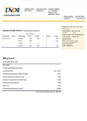 Bolivia ENDE Corporacion electricity utility bill template in Word and PDF format