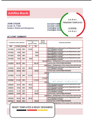 Bosnia and Herzegovina Addiko Bank statement template in Excel and PDF format (autosum)