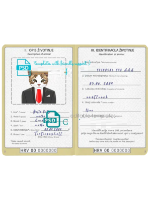 Bosnia and Herzegovina cat (animal, pet) passport PSD template, fully editable