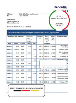 Botswana Bank ABC bank statement template in Excel and PDF format