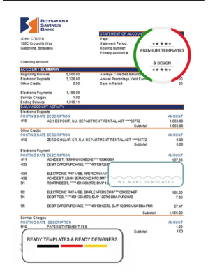 Botswana Savings Bank statement template in Excel and PDF format