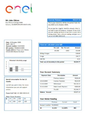 Brazil ENEL electricity utility bill template in Word and PDF format