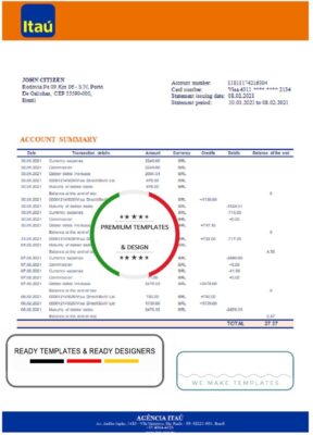 Brazil Itau bank statement template in Word and PDF format, fully editable