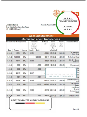 Brazil Safra bank statement template in Excel and PDF format