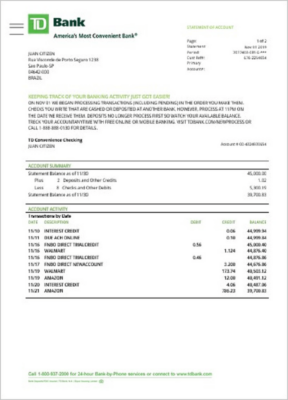 Brazil TD bank proof of address statement template in Word and PDF format (.doc and .pdf)