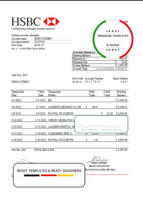 Brunei HSBC bank statement Excel and PDF template, fully editable (AutoSum)