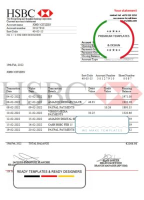 Brunei HSBC proof of addres statement template in Word and PDF format