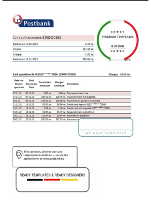 Bulgaria Postbank bank proof of addres statement template in Excel and PDF format