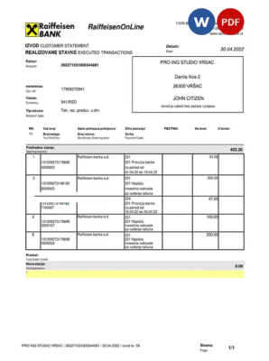 Bulgaria Raiffeisen bank statement, Word and PDF template