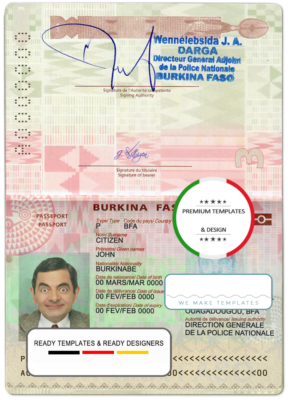 Burkina Faso passport template in PSD format, fully editable