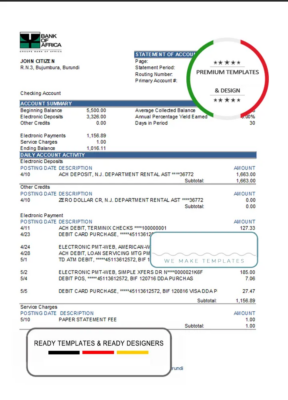 Burundi Bank of Africa bank statement Excel and PDF template (AutoSum)