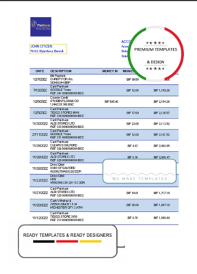 Burundi Finbank bank statement .xls and .pdf template (AutoSum)