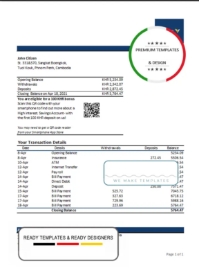 Cambodia ACLEDA bank statement Excel and PDF template (AutoSum)