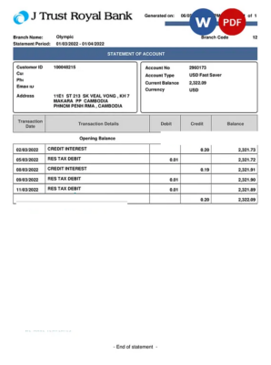 Cambodia J Trust Royal bank statement Word and PDF template