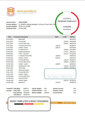 Cambodia Union Commercial bank statement .xls and .pdf template (AutoSum)