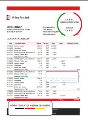 Cameroon Afriland First bank statement Excel and PDF template (AutoSum)