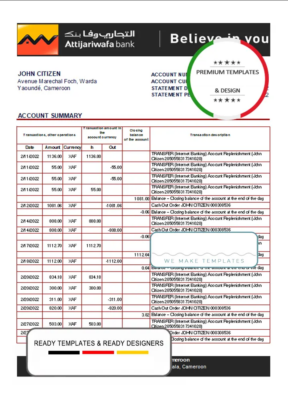 Cameroon SCB bank statement .xls or .pdf template, completely editable (AutoSum)