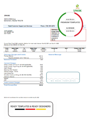 Canada Alberta Spark utility bill template in Word and PDF format