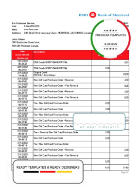 Canada Bank of Montreal bank statement Excel and PDF template (AutoSum)