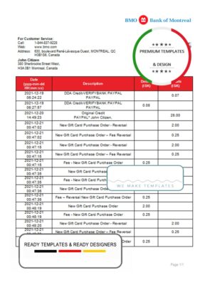 Canada Bank of Montreal bank statement template in Word and PDF format (.doc and .pdf)