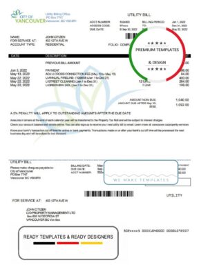 Canada British Columbia City of Vancouver utility bill template in Word and PDF format