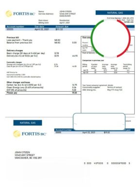 Canada British Columbia FortisBC utility bill template in Word and PDF format