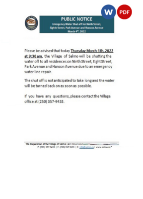 Canada British Columbia Hub of the Salmo Kootenays utility shut off notice, Word and PDF template