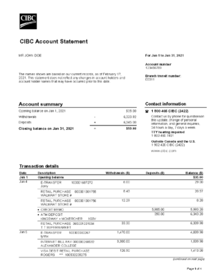 Canada CIBC Bank Account Statement Template in Word & PDF formats – 4 pages