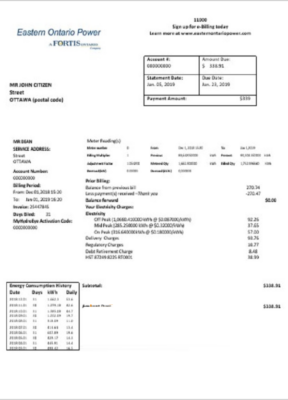 Canada Eastern Ontario Power utility bill template in Word and PDF format