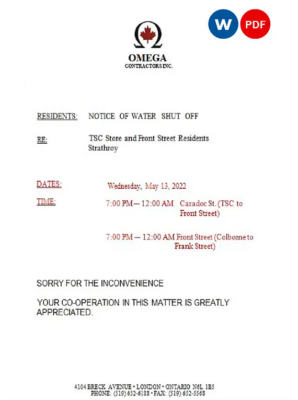 Canada Ontario Omega Contractors Inc. water utility bill shut off notice, Word and PDF template