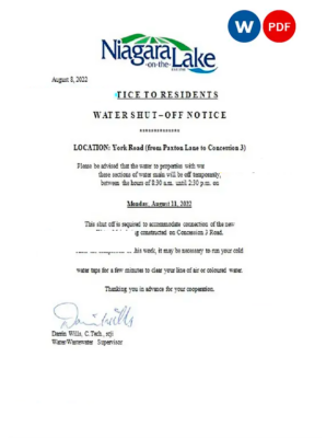 Canada Ontario The Niagara-on-the-Lake water utility shut off notice, Word and PDF template