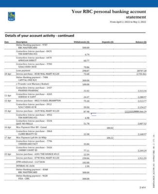 Canada RBC Bank Account Statement Template in Word & PDF formats – 4 pages