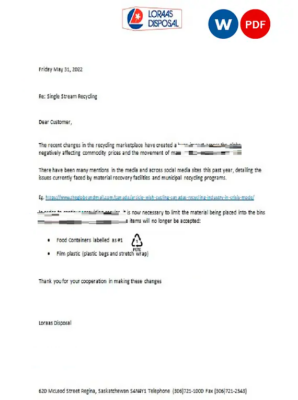 Canada Saskatchewan Loraas Disposal recycling utility shut off notice, Word and PDF template