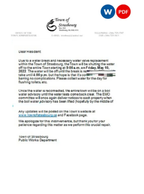 Canada Saskatchewan Town of Strasbourg water utility shut off notice, Word and PDF template