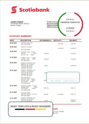 Canada Scotiabank bank statement template in Word and PDF format