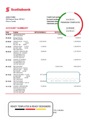 Canada Scotiabank bank statement .xls and .pdf template, completely editable (AutoSum)