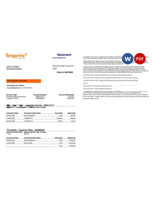 Canada Tangerine bank statement Word and PDF template, 2 pages