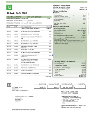 Canada TD Bank Account Statement Template in Word & PDF formats – 5 pages