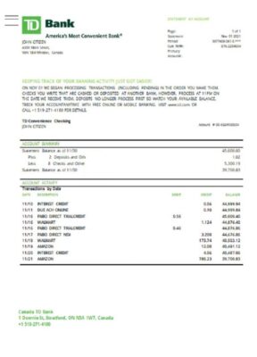 Canada TD Bank proof of address statement template in Word and PDF format (.doc and .pdf)