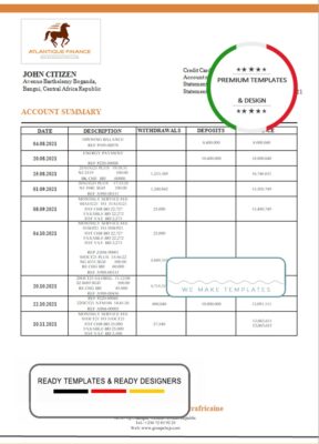 Central African Republic Banque Populaire Maroco Centrafricaine bank statement template in Word and PDF format