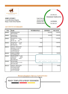 Central African Republic Banque Populaire Maroco Centrafricaine bank statement .xls and .pdf template (AutoSum)