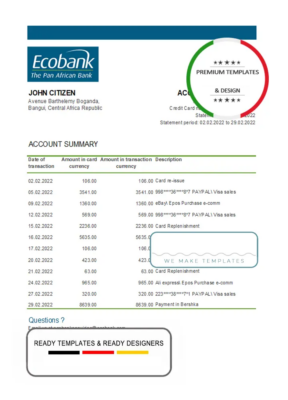 Central African Republic Ecobank bank statement Excel and PDF template (AutoSum)