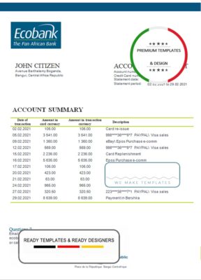 Central African Republic Ecobank bank statement template in Word and PDF format