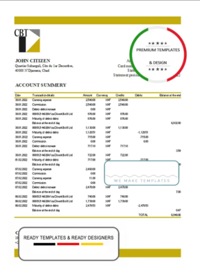 Chad Commercial Bank of Tchad bank statement Excel and PDF template, fully editable (AutoSum)