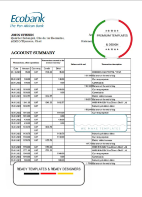 Chad Ecobank bank statement Excel and PDF template, completely editable (AutoSum)